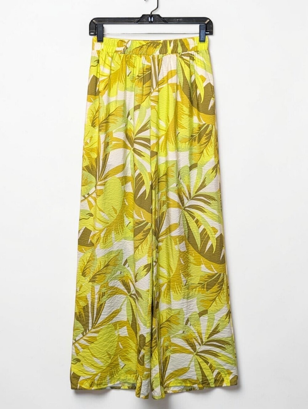En Crème Tropical Palm Print Wide Leg Pants Lime Yellow Resort Small